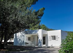 Una casa blanca con un árbol delante. en Villa Alexia - San Jose en Sant Francesc de s'Estany