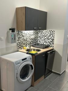 a kitchen with a washing machine and a sink at Paky Appartements 00209 in Vienna +5 photos