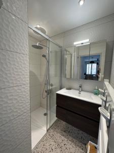 a bathroom with a glass shower and a sink at CANIGOU in Port-Vendres +7 photos