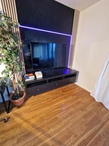 salon z telewizorem i drewnianą podłogą w obiekcie Lugn och skön lägenhet centralt. w Göteborgu