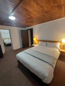 a bedroom with a large bed with a wooden ceiling at The Black Cat in Bran