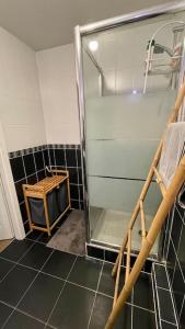 uma casa de banho com chuveiro e piso em azulejo em Appartement 3 pièces proche du centre em Estrasburgo