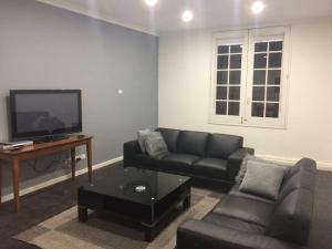 ein Wohnzimmer mit einem Sofa und einem TV in der Unterkunft Urban Warehouse in Queanbeyan