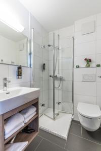a bathroom with a shower and a sink and a toilet at Rührberger Hof Hotel & Restaurant Grenzach-Wyhlen bei Basel in Grenzach-Wyhlen