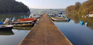 a group of boats are lined up in the water at Hill House Lodge in Stoke Gabriel