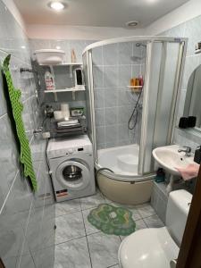 La petite salle de bains est pourvue de toilettes et d'un lavabo. dans l'établissement Comfy, well-located flat in Green Agenskalns, à Riga