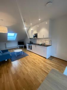 a large living room with a kitchen and a living room at Luxurious Flat With A Rooftop Terrace in Gothenburg