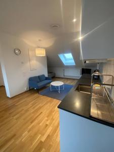 a kitchen and a living room with a blue couch at Luxurious Flat With A Rooftop Terrace in Gothenburg