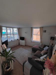 a living room with two couches and a tv at Central Caversham Reading one bed flat in Reading