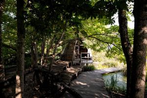 a wooden path through a forest with trees at La Saline Royale in Arc-et-Senans