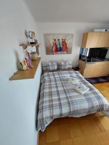 Llit o llits en una habitació de Joli studio avec terrasse et vue EXCLUSIVEMENT POUR NON FUMEURS