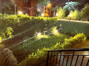 a garden with lights in the grass at night at Rawdat Zayed Compound in Sheikh Zayed