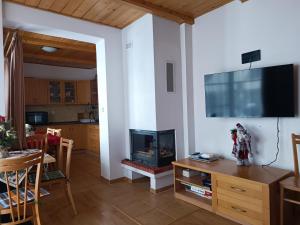 a living room with a fireplace and a tv at Trnka in Liptovský Trnovec