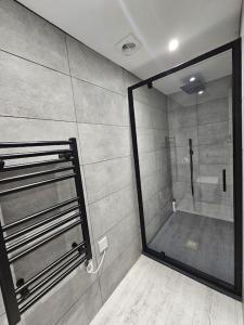 La salle de bains est pourvue d'une douche avec une porte en verre. dans l'établissement Relaxation & Romance, à Manston