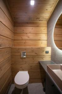 ein Badezimmer mit Holzwänden, einem WC und einem Waschbecken in der Unterkunft Ylläs-Ukko in Äkäslompolo