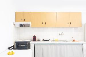 a kitchen with a sink and a microwave at Kineta Seaside Summer Apartments in Kineta