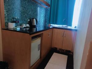 a small kitchen with a counter and a sink at Fratini's Hotel Labuan in Labuan