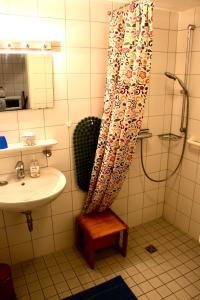 a bathroom with a shower and a sink and a shower curtain at Im Alten Kaufhaus in Rhodt unter Rietburg