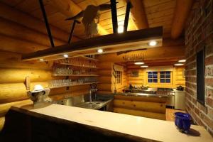 eine große Küche mit Holzwänden und einer Arbeitsplatte in der Unterkunft Holiday Home MB Ranch in Bílá Hora