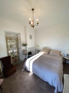 Un dormitorio con una cama grande y una lámpara de araña. en Le NEW Montferrand 1 et 2, en Clermont-Ferrand