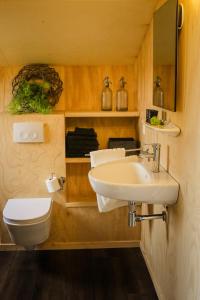 La salle de bains est pourvue d'un lavabo et de toilettes. dans l'établissement Tiny House De Skries, à Westergeest