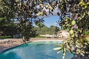 Una piscina con mesa y sillas y árboles. en Villa Pruno - Happy Rentals, en Scicli