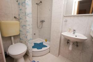 a bathroom with a toilet a sink and a shower at Apartments Ruzinka in Podaca