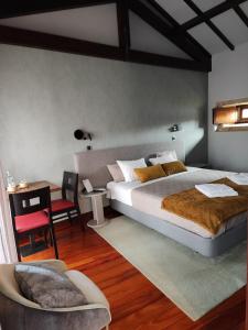 a bedroom with a bed and a desk and a chair at Quinta do Esquilo - Hotel Rural in Rendufe