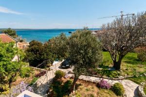 an aerial view of a house with trees and the ocean at Villa EVITA with sea view in Nerezine