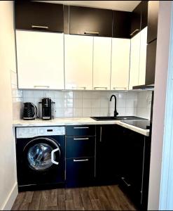 a kitchen with a washing machine and a sink at Riverview Apartment in Dublin