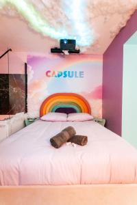 een kamer met een bed met een regenboog aan de muur bij Capsule cloud - jacuzzi - projecteur cinema in Tourcoing