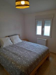 1 Schlafzimmer mit einem Bett mit einer blauen Decke und 2 Fenstern in der Unterkunft Ático completamente equipado Plaza de España in Ferrol