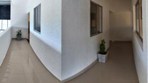 um corredor com paredes brancas e um vaso de plantas em Hotel La Gran Estaciónag em Armenia