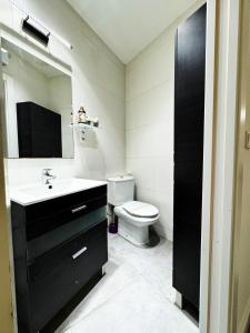 baño con lavabo negro y aseo en Luminoso, con patio y buena zona, en Madrid