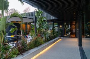 un bâtiment avec des plantes et des lumières sur une passerelle dans l'établissement Palatial Suites, à Braga