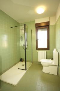 een groene badkamer met een toilet en een douche bij Keyser Rooms in Sopelana