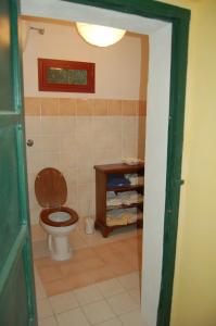 ein Badezimmer mit einem WC und einem Holztisch in der Unterkunft Azienda Agricola Colle Paradiso in Mompeo