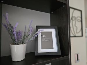 a picture frame and a vase with purple flowers on a shelf at West 65 apartment in Belgrade