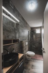 bagno con lavandino nero e servizi igienici di Villa Sabrina a Klimno