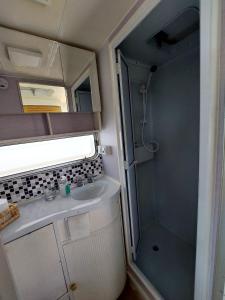 a bathroom with a sink and a shower in an rv at Trailer na montanha próximo de Monte Verde in Camanducaia