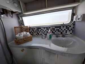 a bathroom with a sink and a window at Trailer na montanha próximo de Monte Verde in Camanducaia