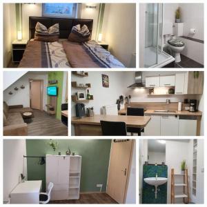 a collage of four pictures of a room at Fuchsbau Haasow 