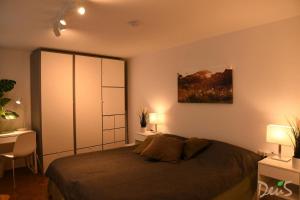 1 dormitorio con 1 cama con 2 lámparas y 1 pintura en Ferienwohnung DEU5 en Bregenz