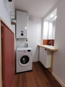 ein kleines Bad mit einer Waschmaschine und einem Waschbecken in der Unterkunft Ores du Roussillon grand studio climatisé extérieur in Villeneuve-lès-Avignon