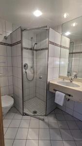 a bathroom with a shower and a toilet and a sink at Hotel Gasthof Lang in Balingen