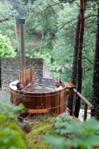 a group of people in a hot tub in the woods at La Roche aux Fées in Lapte