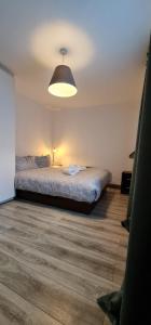 a bedroom with a bed and a large light at Dublin Exchange Suites in Dublin