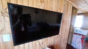 TV de pantalla plana colgada en una pared de madera en Cabañas Altos del Poeta, en Isla Negra