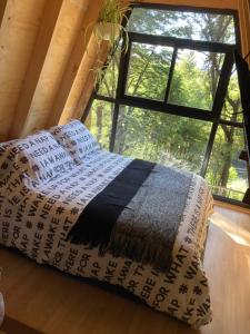 uma cama num quarto com uma grande janela em Alpina Liucura cabaña em Pucón