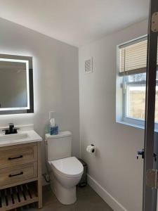 een witte badkamer met een toilet en een wastafel bij A Hidden Gem in Philadelphia